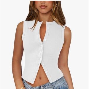 Sleeveless White Ribbed Button-Front Top